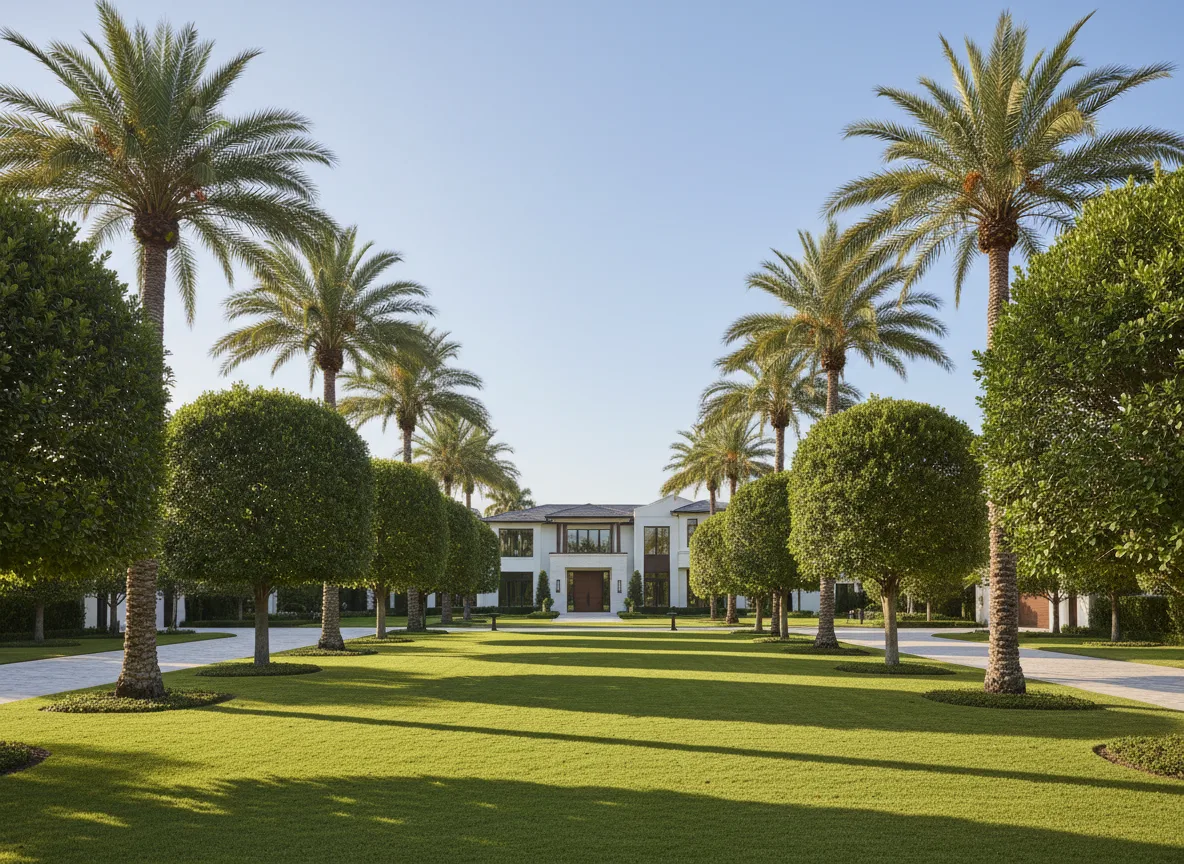 A meticulously maintained luxury residential property in Miami framed by mature trees